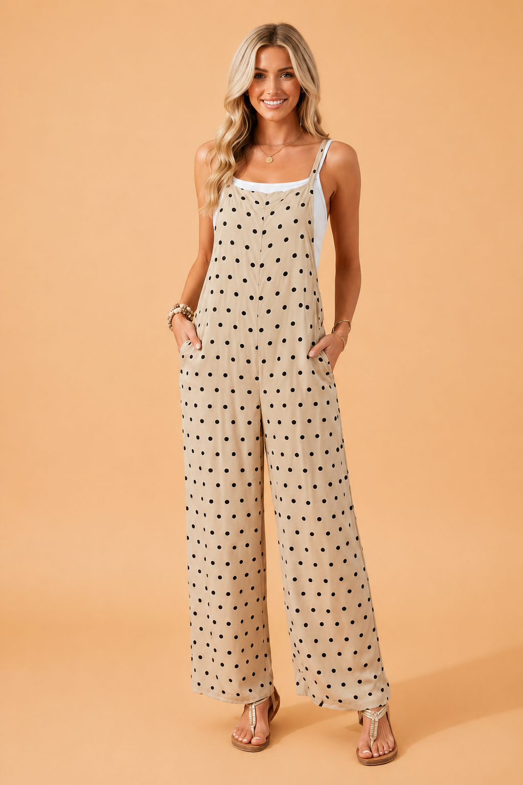 A woman wearing a beige and multicolor floral print spaghetti strap maxi jumpsuit with a relaxed, wide-leg fit.
