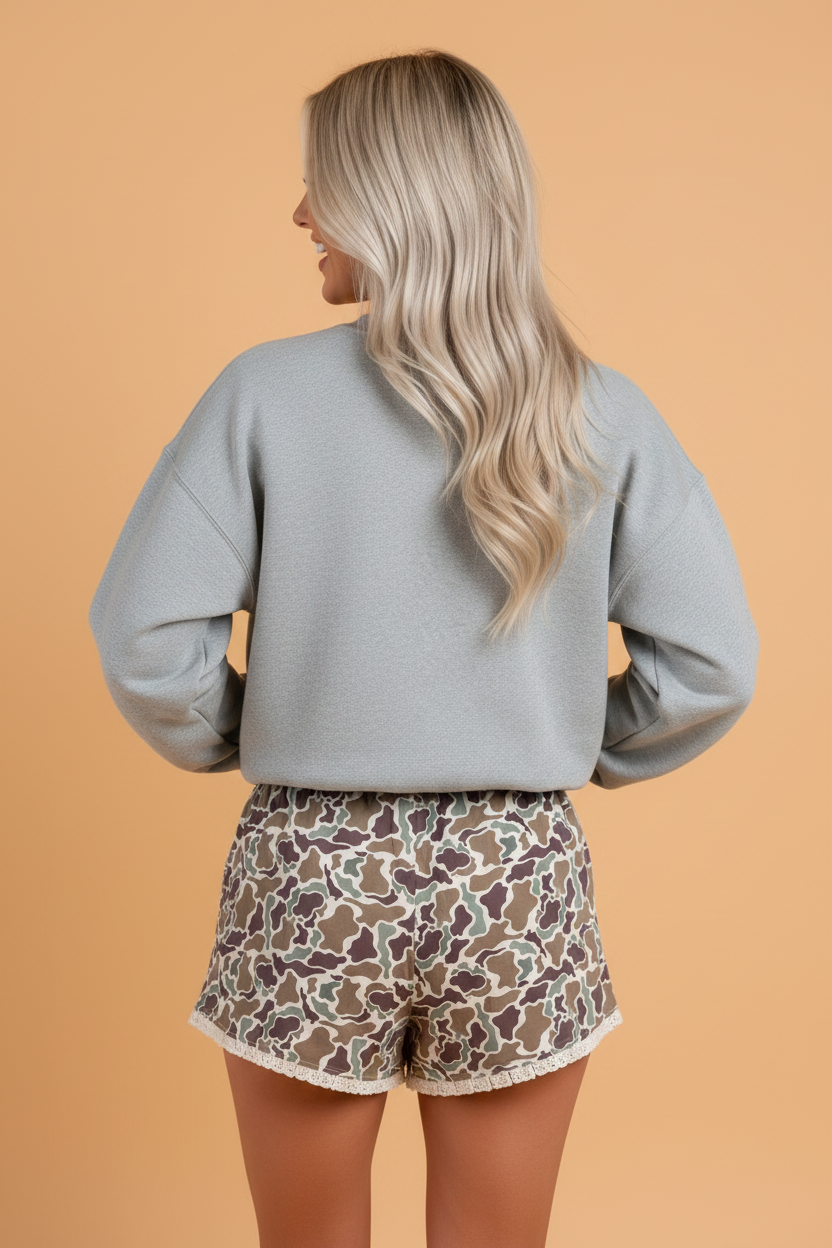 Camo Ruffle Hem Boxer Shorts with Lace Trim and Drawstring Waist