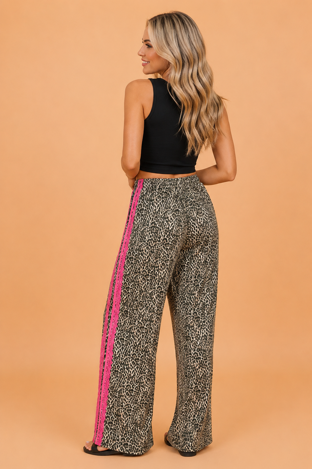Leopard Print Wide-Leg Drawstring Pants with Pink Lace Trim