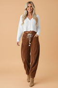 Solid Corduroy Drawstring Waist Pleated Barrel Pants