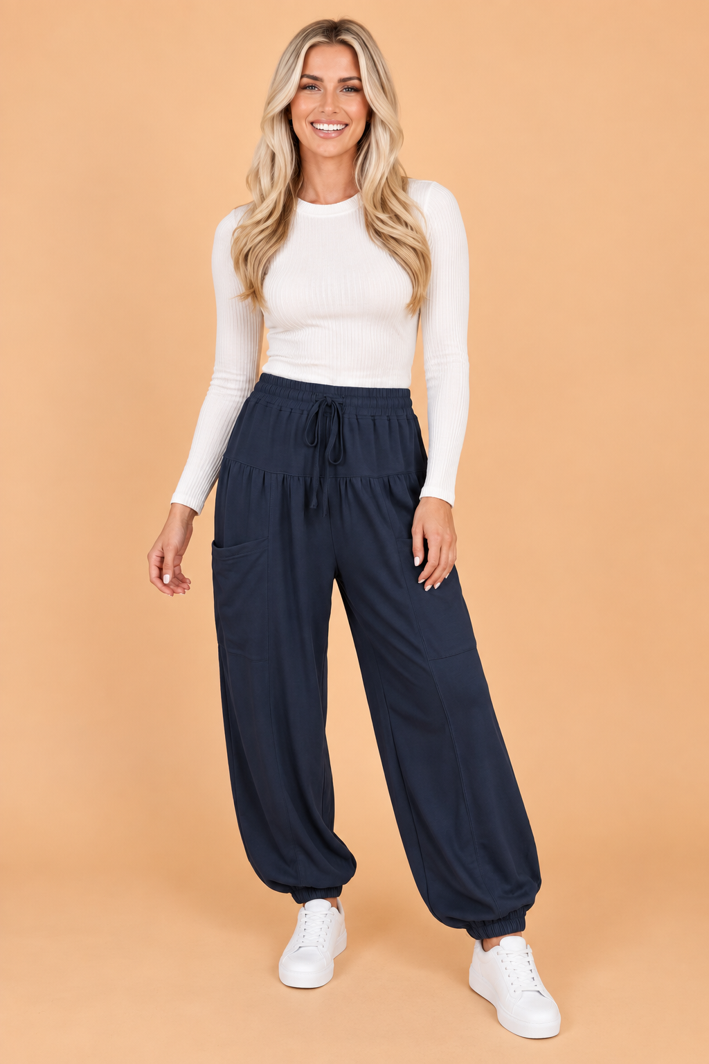 Solid Drawstring Elastic Drop Waist Jogger Pants