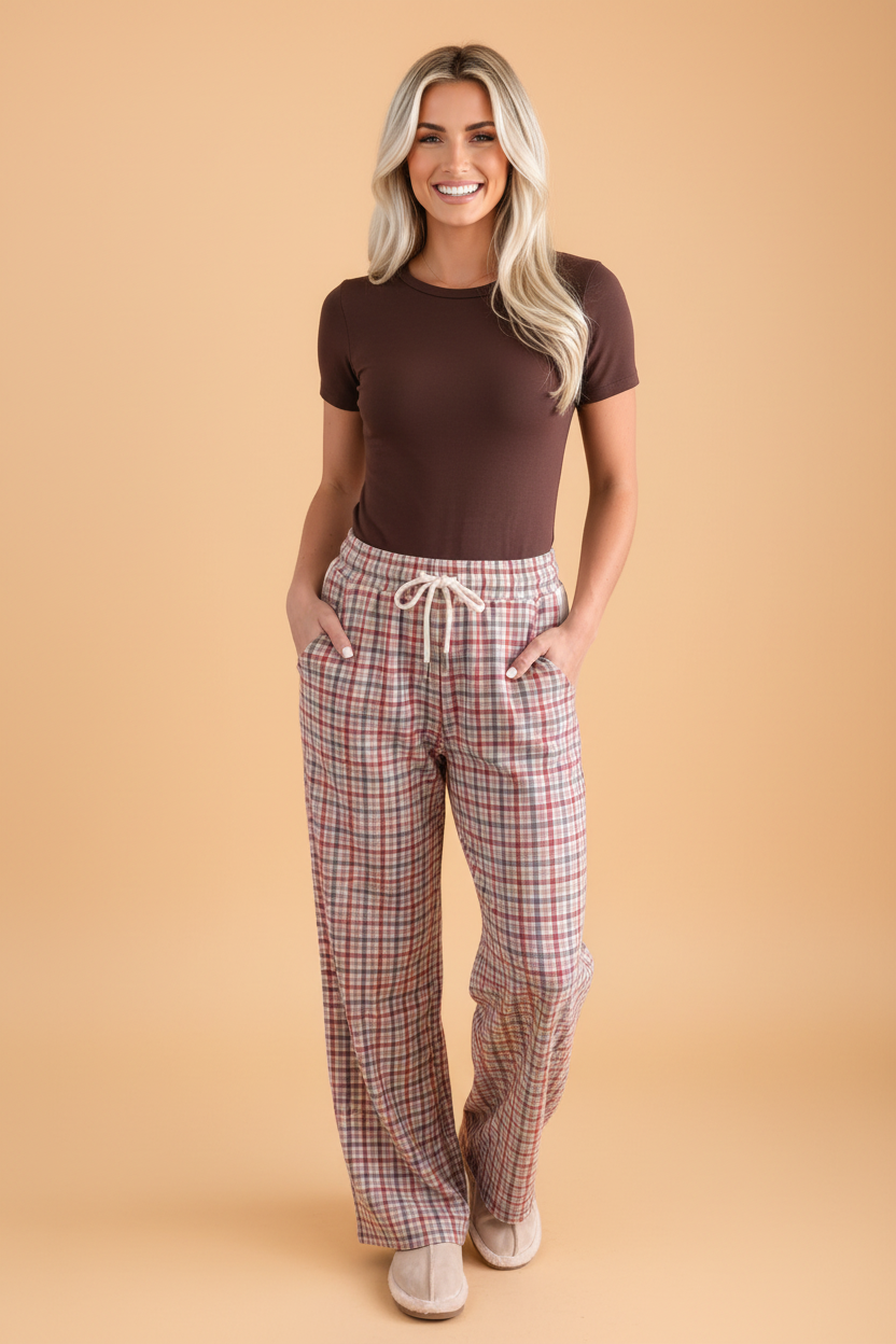 Plaid Drawstring Elastic Waist Wide Leg Pants
