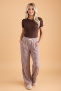 Plaid Drawstring Elastic Waist Wide Leg Pants