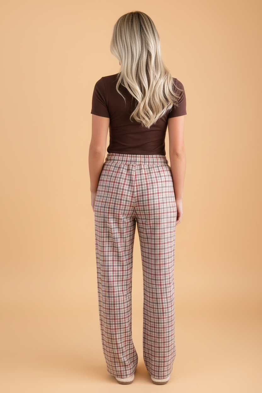 Plaid Drawstring Elastic Waist Wide Leg Pants