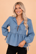 Denim Lapel Neck Balloon Sleeve Peplum Top