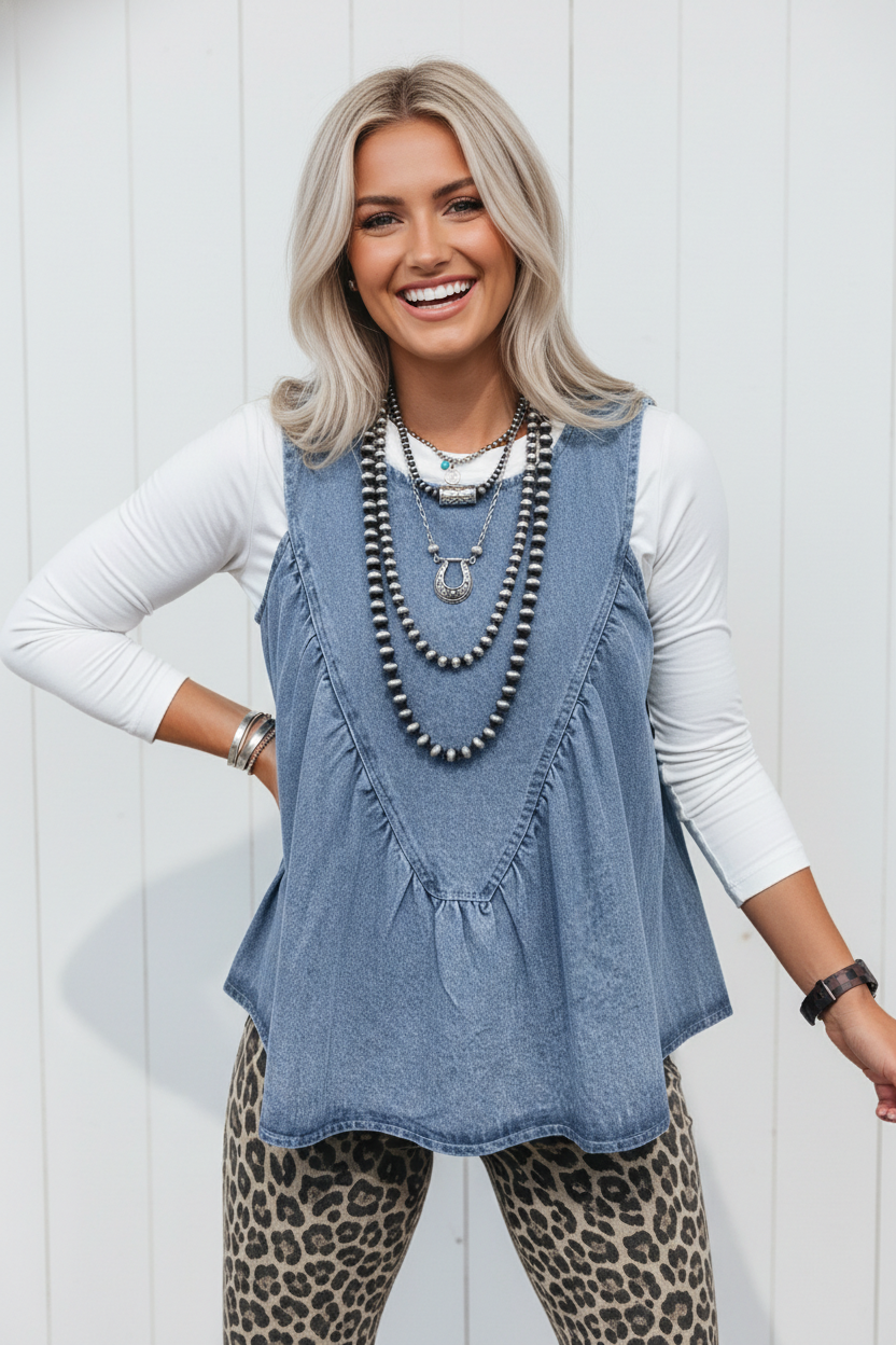 Denim Pleated Patchwork Sleeveless Top