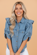 Ruffle Detail Puff Sleeve Button-Down Denim Shirt