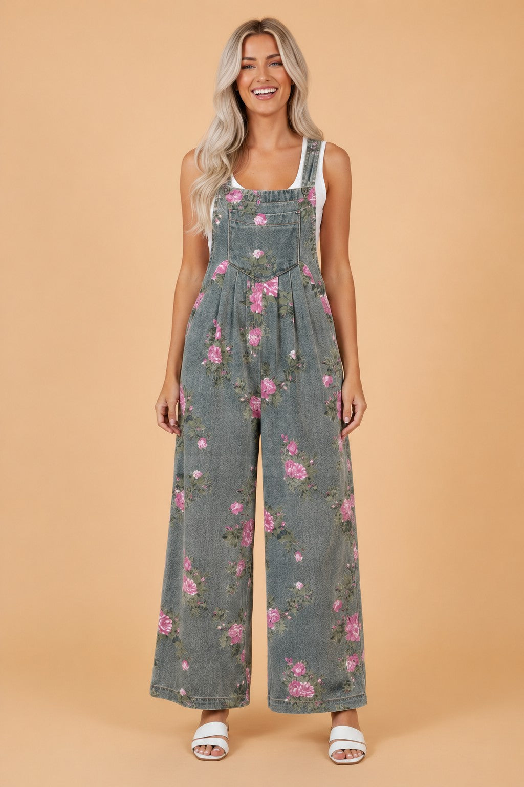 Floral Pleated High Waist Wide Leg Denim Jumpsuit