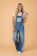 Floral Patchwork Wide Leg Denim Overalls | Square Neckline