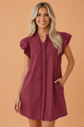 A-line burgundy denim mini dress with ruffle short sleeves and button-front closure