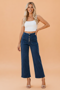 Dark blue high-waist denim jeans with a wide-leg cropped cut and button-front detail