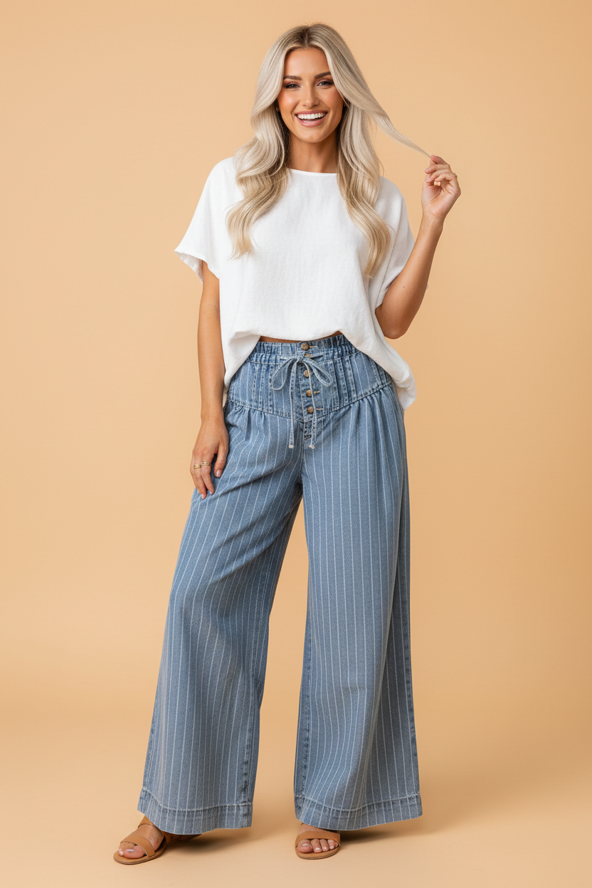 FRAME Striped Button Pleated Wide Leg Jeans | Drawstring Waist