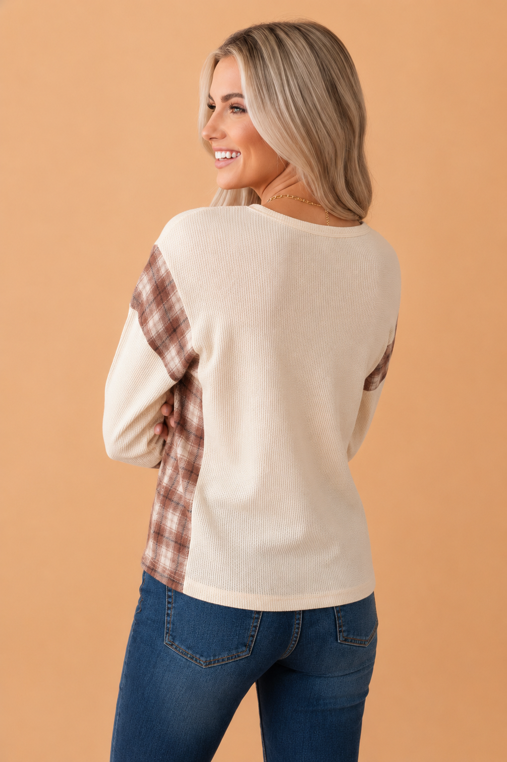 Plaid Patchwork Waffle Knit V-Neck Long Sleeve Top