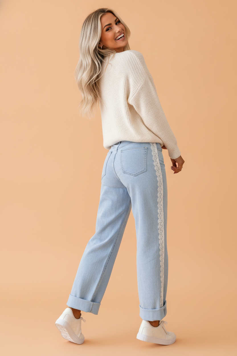 Lace Trim Side Stripe Straight Leg Jeans
