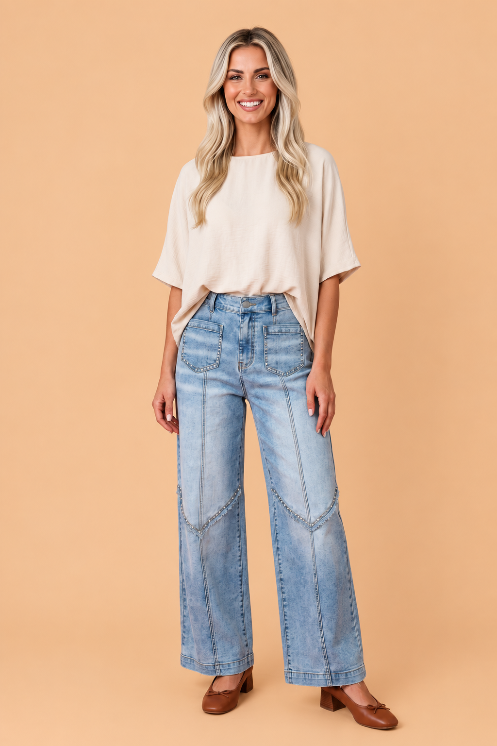 Studded Pocket Frayed Denim Wide Leg Jeans