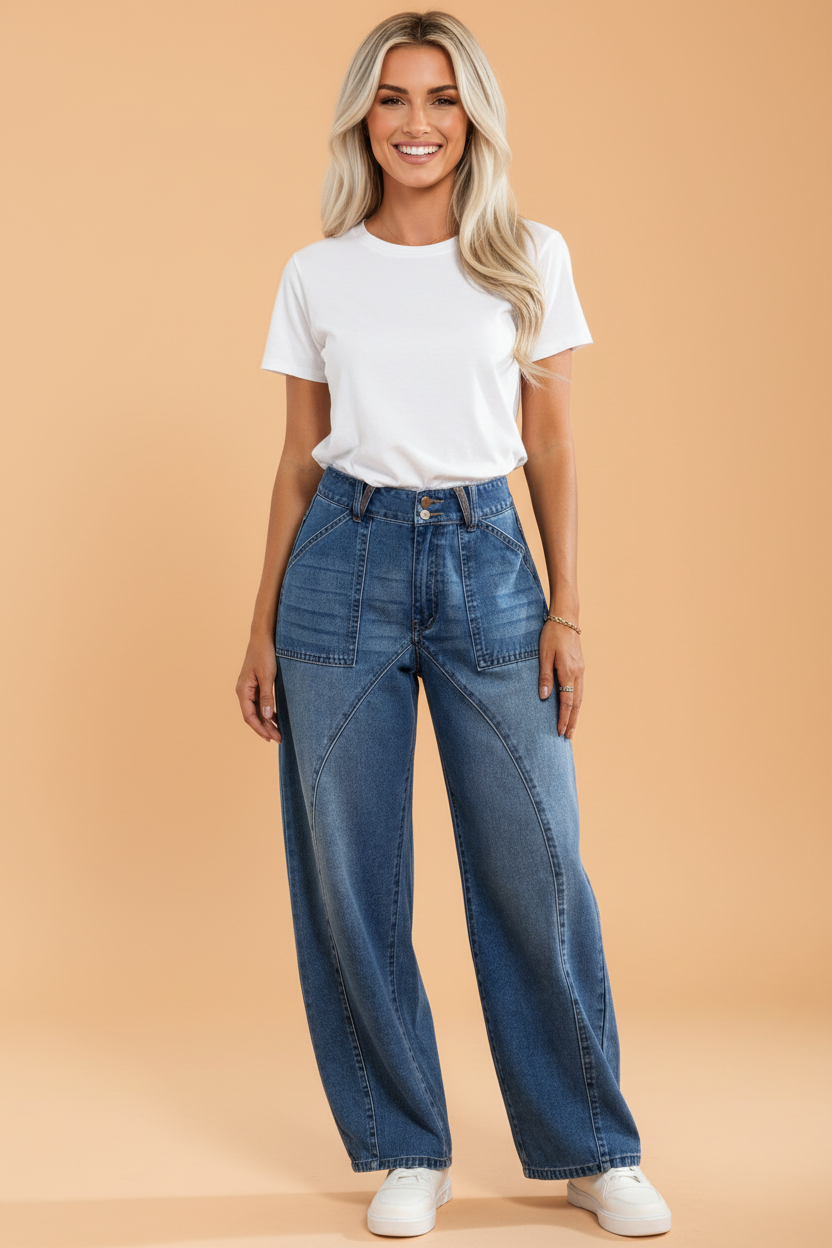 Solid Denim High Waist Barrel Leg Jeans