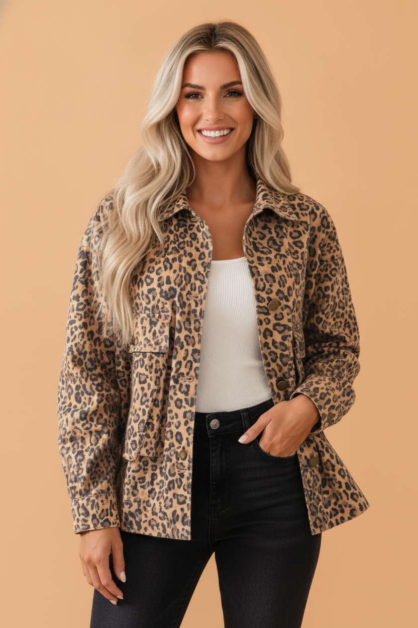 Leopard Denim Patch Pocket Buttoned Collar Jacket