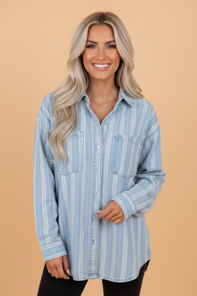 Stripe Boyfriend Denim Shacket | Oversized Chest Pocket Shirt