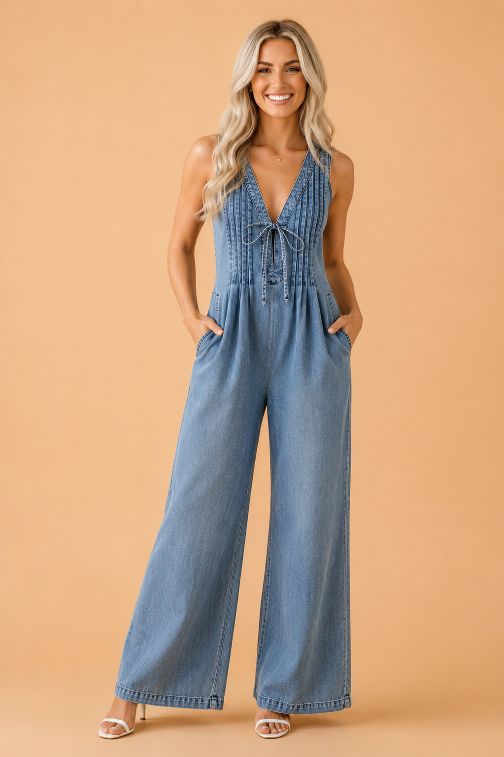 Woman wearing a sleeveless, light acid wash blue denim wide-leg jumpsuit with a V-neck tie front.