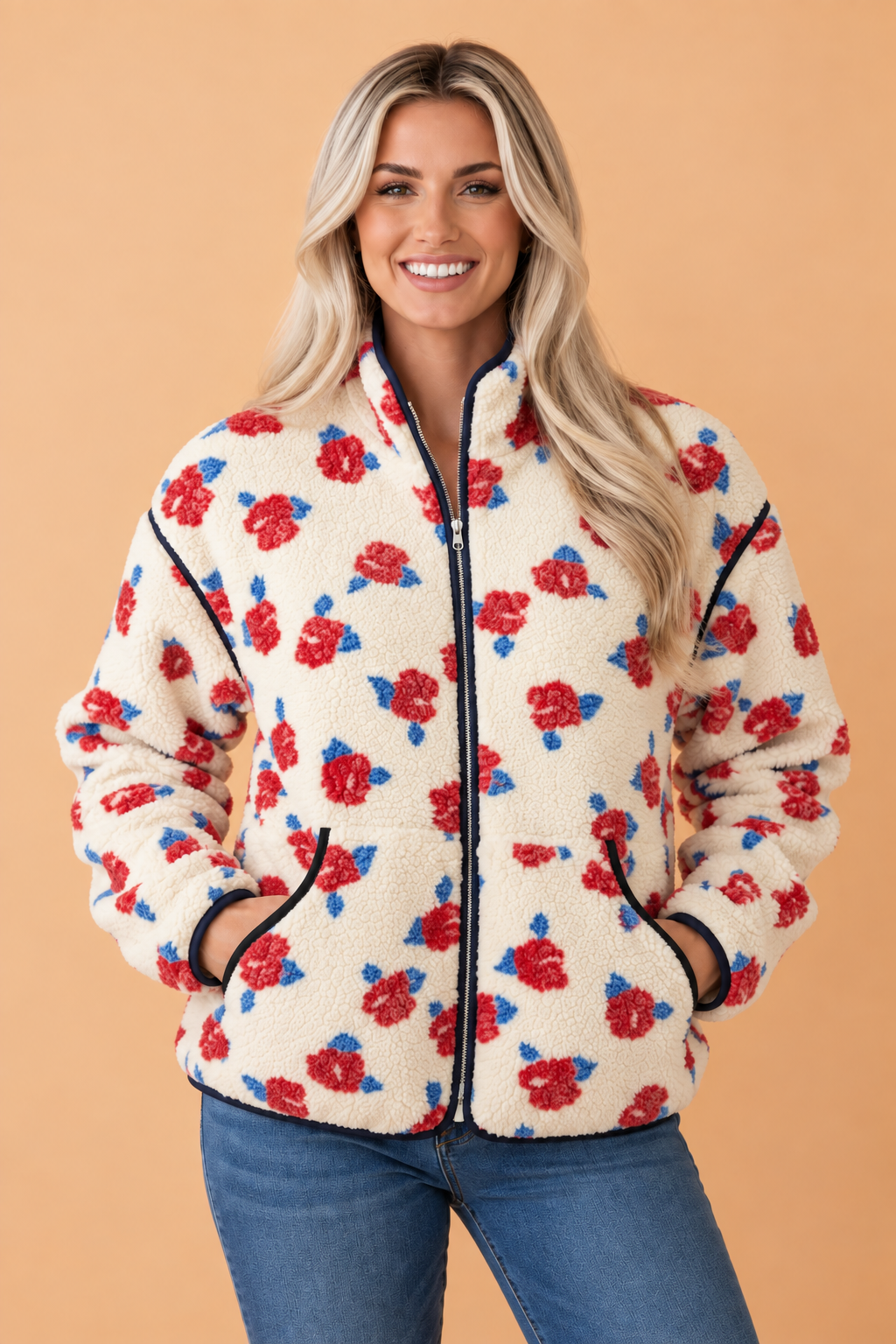 Floral Fleece Contrast Trim Zip Up Coat