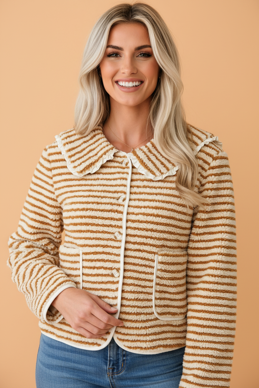 Stripe Fleece Ruffle Collar Button Front Jacket