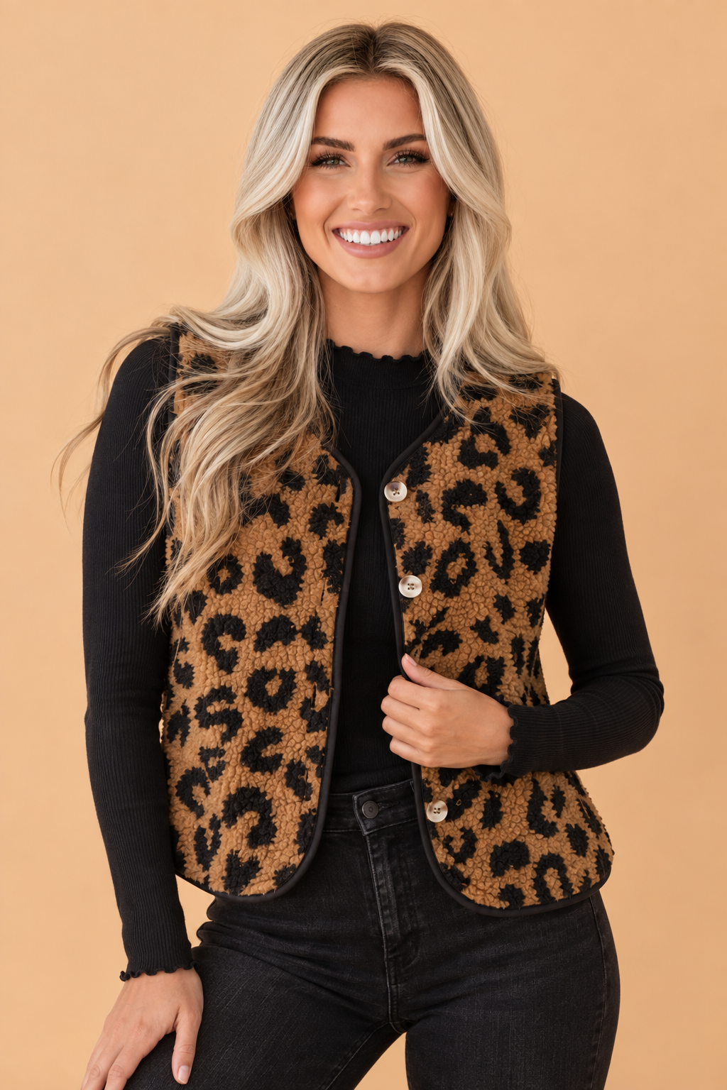 Leopard Sherpa Fleece Sleeveless Buttoned Vest Coat