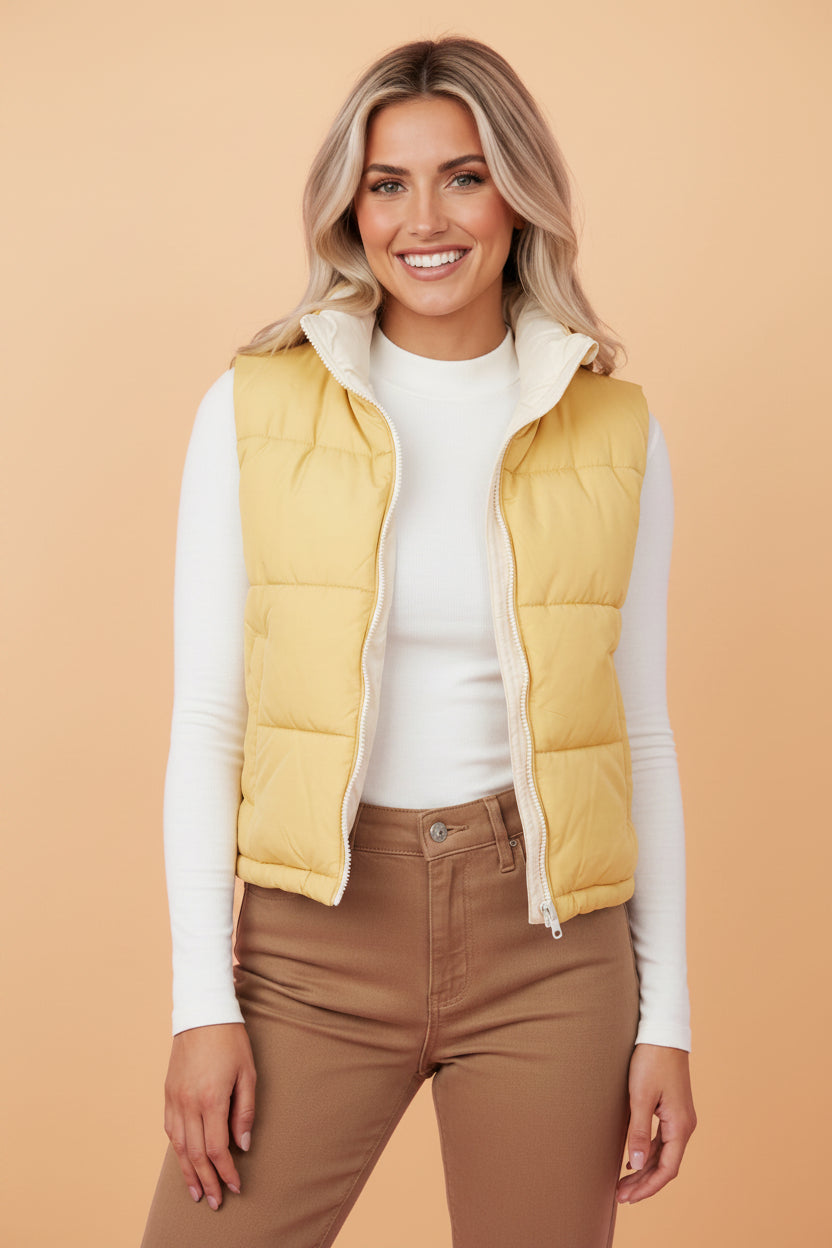 Solid Reversible Zip Up Quilted Puffer Vest