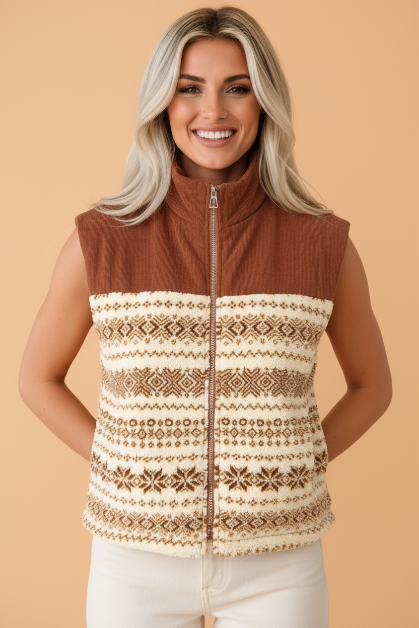 Geometric Fleece Patchwork Corduroy Zip Up Vest