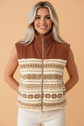 Geometric Fleece Patchwork Corduroy Zip Up Vest