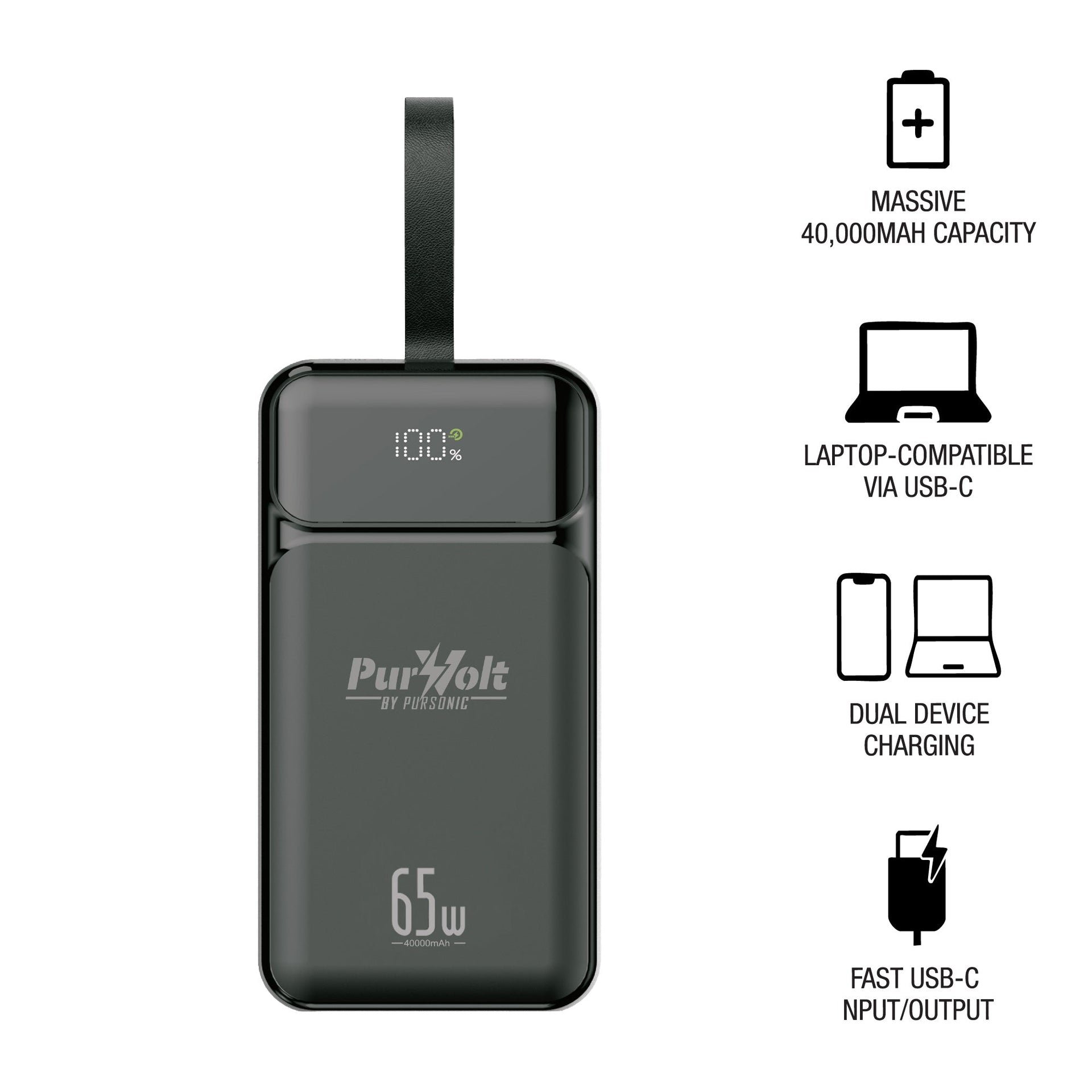 Pursonic Power Anywhere Bundle – PurVolt 40,000mAh Power Bank + LED Fast Charging Power Bank with Built-in Cables