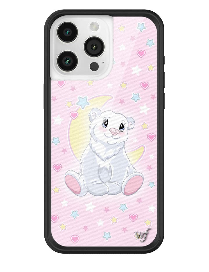 Polar bear princess illustration on a baby pink phone case with stars and hearts and black bumper.