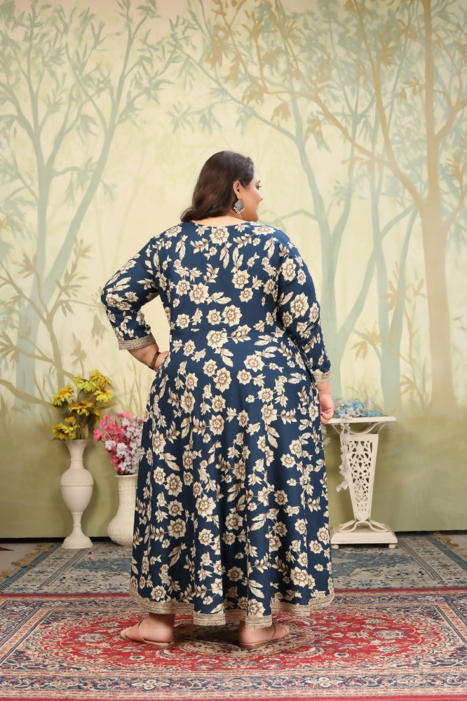 Women's Navy Blue Rayon Floral Print Anarkali Set with Sequins