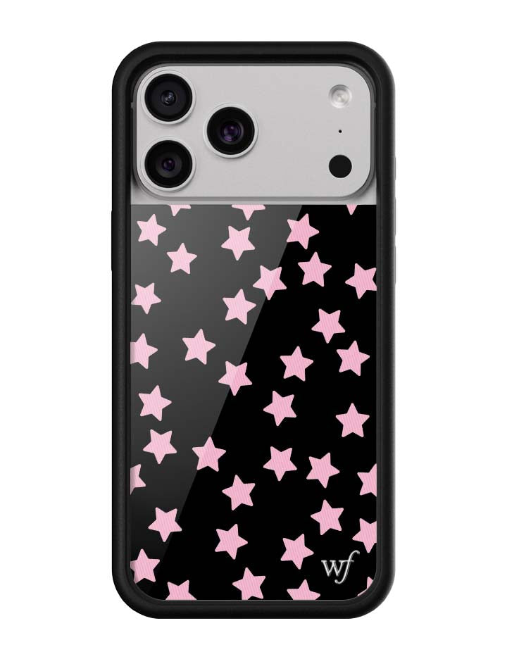 iPhone case featuring baby pink star pattern on a sleek black background with protective rubber edges