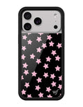 iPhone case featuring baby pink star pattern on a sleek black background with protective rubber edges