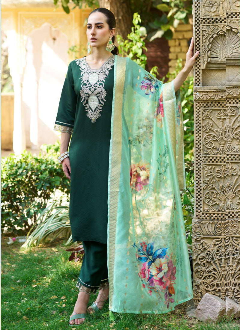 Green Viscose Rayon Embroidered A-Line Salwar Suit