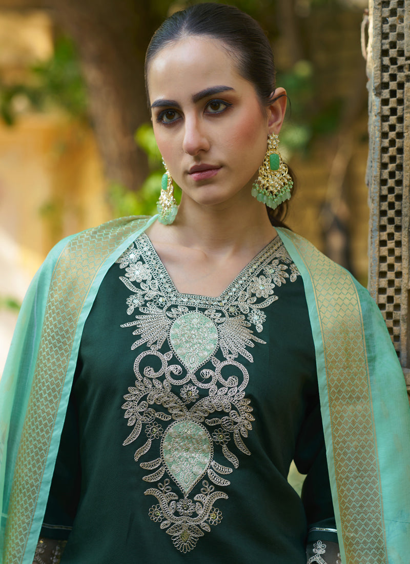 Green Viscose Rayon Embroidered A-Line Salwar Suit