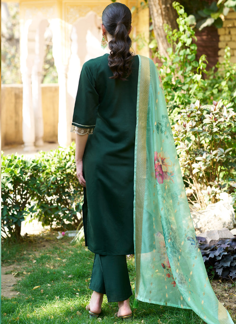Green Viscose Rayon Embroidered A-Line Salwar Suit