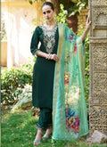 Green viscose rayon embroidered A-line salwar suit set