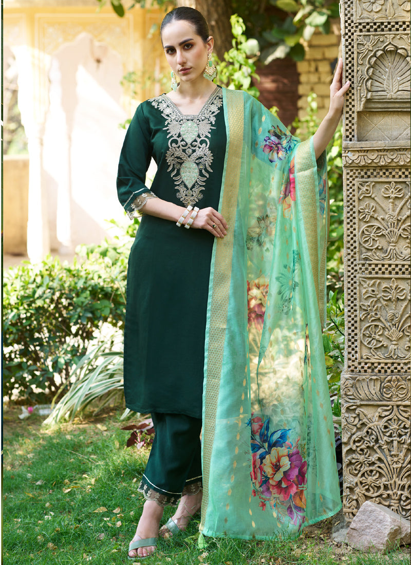 Green viscose rayon embroidered A-line salwar suit set
