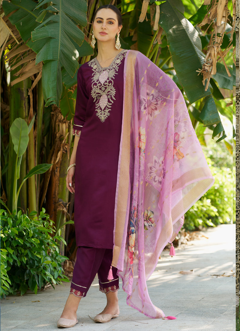 Wine Viscose Rayon A-Line Embroidered Salwar Suit