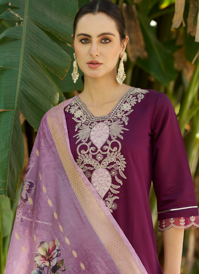 Wine Viscose Rayon A-Line Embroidered Salwar Suit