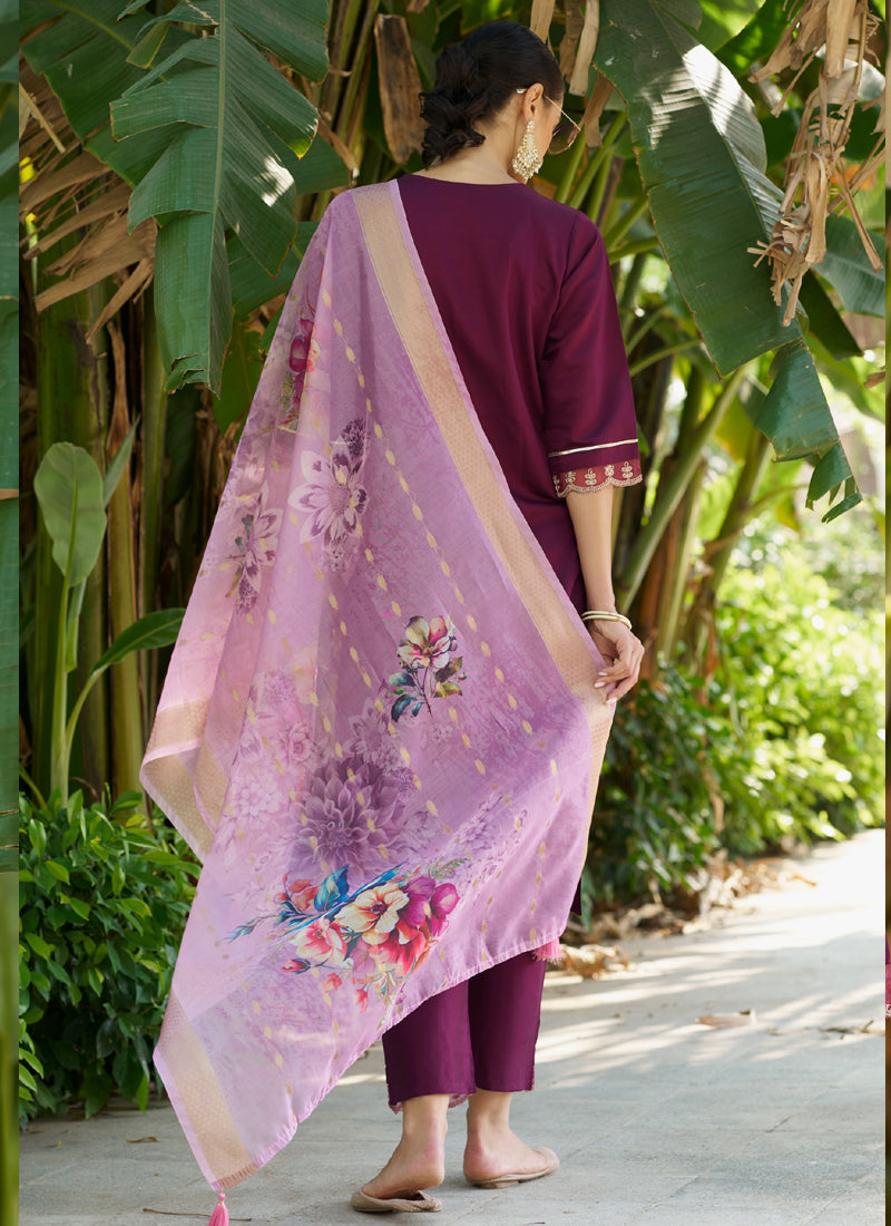 Wine Viscose Rayon A-Line Embroidered Salwar Suit