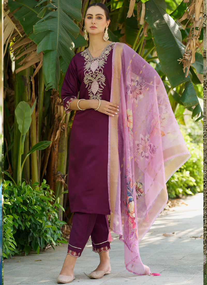 Wine-colored viscose rayon A-line salwar suit with intricate embroidery