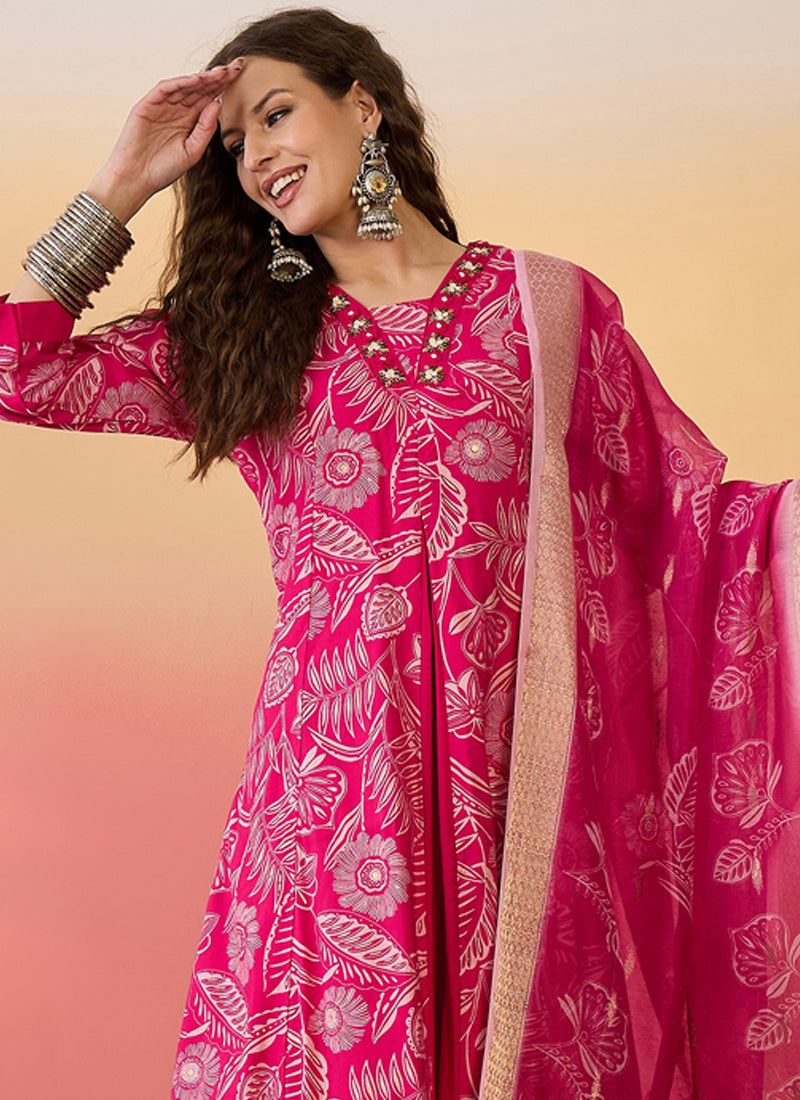 Rani Pink Roman Silk Embroidered A-Line Palazzo Suit Set