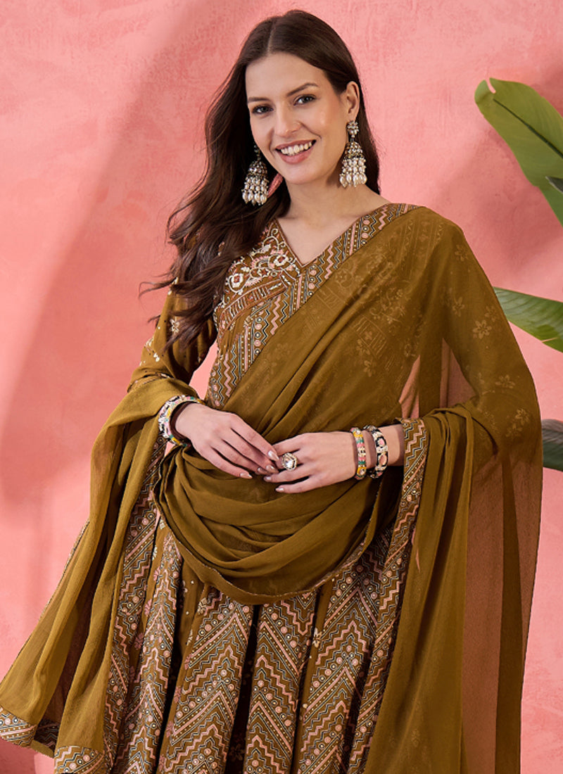 Mustard Roman Silk Embroidered A-Line Palazzo Suit Set