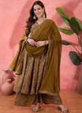 Mustard Roman Silk A-line kurta set with intricate embroidery and palazzo trousers
