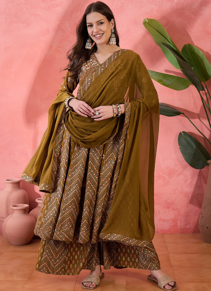 Mustard Roman Silk A-line kurta set with intricate embroidery and palazzo trousers