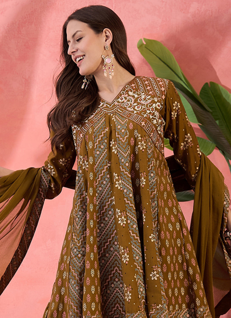 Mustard Roman Silk Embroidered Palazzo Suit Set
