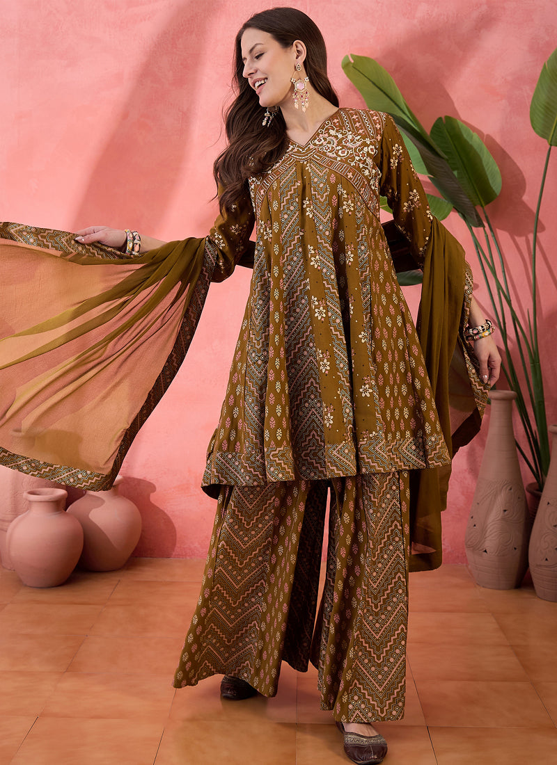 Mustard Roman Silk palazzo suit with embroidered details