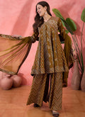 Mustard Roman Silk palazzo suit with embroidered details